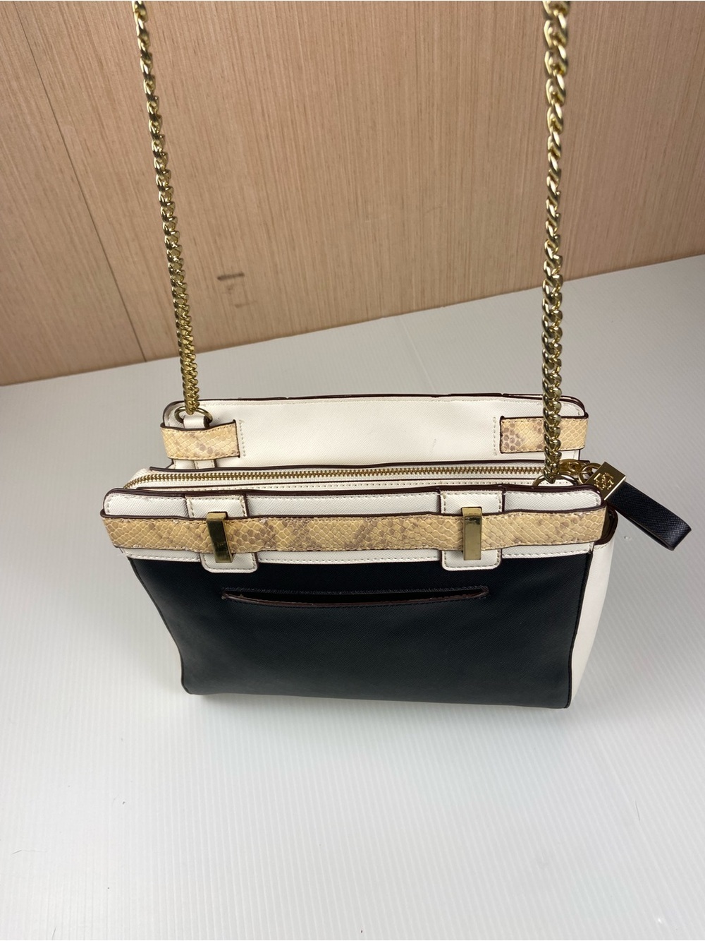 Ann Taylor Colorblock Genuine Leather Chain Shoulder Bag Snake Trim - Picture 13 of 13